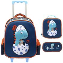 Kit mochila carrinho infantil 14", lancheira térmica e estojo escolar Dino Baby Yins