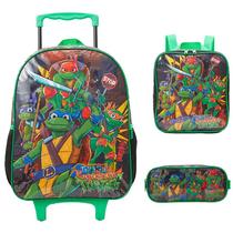 Kit mochila carrinho infantil 16", lancheira térmica e estojo escolar As Tartarugas Ninja X Nickelodeon