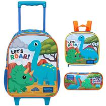 Kit mochila carrinho infantil 16 , lancheira térmica e estojo escolar Dino Let s Roar Xeryus