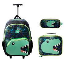 Kit Mochila Carrinho Infantil 17" Lancheira Térmica e Estojo Dino Raptor Yins
