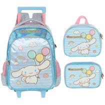 Kit mochila carrinho infantil 2 em 1 16", lancheira térmica e estojo escolar box azul acetinado Cinnamoroll Amigos da Hello Kitty Sanrio Luxcel
