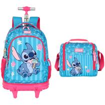 Kit mochila carrinho infantil 2 em 1 18" e lancheira térmica pink com chaveiro emborrachado Stitch Disney Up4You Kit mochila carrinho infantil 2 em 1 18" e lancheira térmica pink com chaveiro emborrachado Stitch Disney Up4You