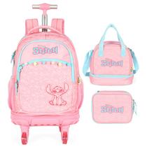 Kit mochila carrinho infantil 2 em 1 com rodinhas de skate 360, lancheira térmica e estojo escolar box Stitch Disney Luxcel - rosa