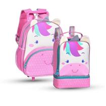 Kit Mochila Carrinho Infantil+Lanch Térmica Unicornio -Rosa