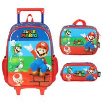 Kit mochila carrinho infantil, lancheira térmica e estojo escolar duplo Super Mario Nintendo - vermelho