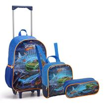 Kit Mochila Carrinho Lancheira e Estojo Azul Kids Racing Team Seanite