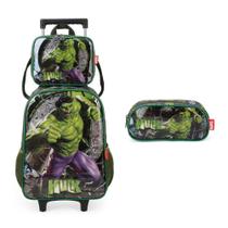 Kit Mochila Carrinho + Lancheira + Estojo Hulk Luxcel