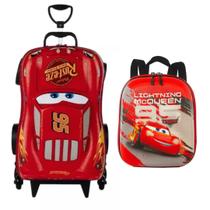 Kit Mochila Carrinho + Lancheira Infantil e Juvenil - Carros Relâmpago Mcqueen 3D - Ref 3851AM22