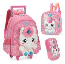 Kit Mochila Carrinho Pelúcia 3d Unicórnio Coelho