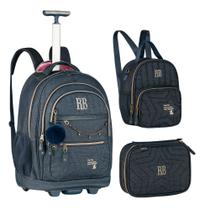 Kit Mochila Carrinho Rebecca Bonbon com Estojo Lancheira Jeans Premium 2026 Original