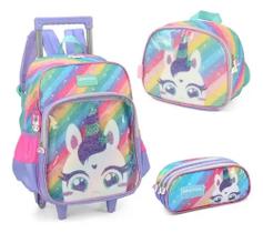 Kit Mochila Carrinho Unicórnio Lancheira e Estojo Up4you - Luxcel