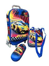 Kit Mochila Carros 3d Com Rodinhas Lancheira + Estojo