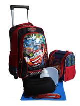 Kit Mochila Carros Infantil Escola Menino Rodinhas Lancheira