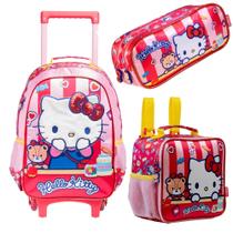 Kit Mochila Com Carrinho alça nas costas com Lancheira e Estojo Hello Kitty