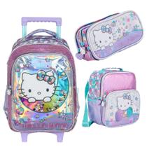 Kit Mochila Com Carrinho alça nas costas com Lancheira e Estojo Hello Kitty