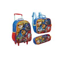 Kit Mochila Com Carrinho e Rodas com Lancheira e Estojo Patrulha Canina
