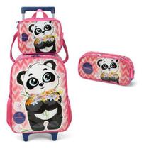 Kit Mochila Com Carrinho Lancheira E Estojo Panda - Rosa Kit Mochila Com Carrinho Lancheira E Estojo Panda - Rosa
