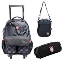 Kit Mochila Com Carrinho Lancheira Térmica e Estojo Duplo Corinthians Timão Cor:PretoTamanho:ÚnicoGenero:Unissex