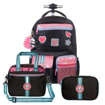 Kit Mochila com Rodas Alças 16 T Utility Panda Preto 13930 Juvenil com Lancheira e Estojo Xeryus