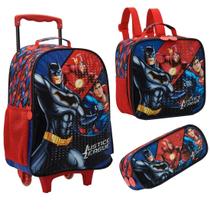 Kit Mochila com Rodas escolar infantil Liga da justiça com lancheira e estojo