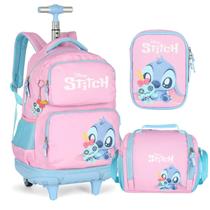 Kit Mochila Com Rodas Estojo E Lancheira Escolar Lilo Stitch