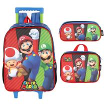 Kit Mochila com Rodas + Lancheira + Estojo Super Mario Infantil