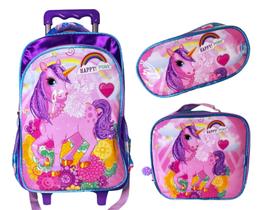 Kit Mochila Com Rodinha 16 Infantil Unicornio Lancheira Estojo Roxo