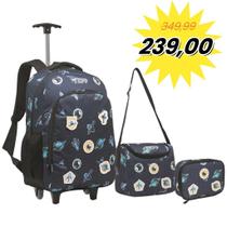 Kit Mochila com Rodinha Menino Infantil Escolar Tema Foguete Astronauta