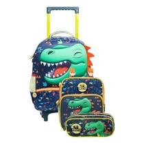 Kit Mochila com Rodinhas 16 Petit Dinossauro Brutus + lancheira + estojo