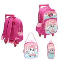 Kit Mochila Com Rodinhas E Lancheira + Estojo Love Meow