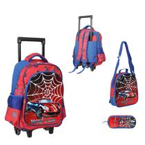 Kit Mochila Com Rodinhas E Lancheira + Estojo Web Car Red