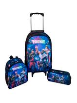 Kit Mochila com Rodinhas Escolar Infantil Fortnite + Lancheira Térmica + Estojo Escolar