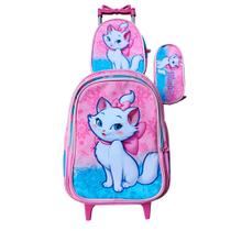 Kit Mochila com Rodinhas Gata Marie + Lancheira Térmica + Estojo Escolar
