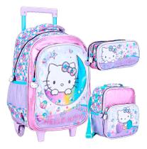 Kit Mochila Com Rodinhas Hello Kitty Lancheira Estojo Triplo Luxo