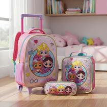 Kit Mochila com Rodinhas Hey Glitt Girls Kit com Mochila, Lancheira, Estojo Escolar Menina