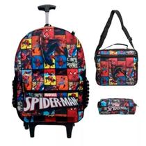 Kit Mochila com Rodinhas Homem Aranha Infantil + Lancheira Térmica + Estojo Escolar