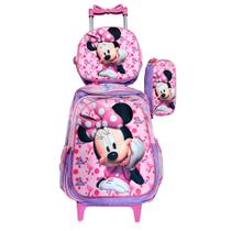 Kit Mochila com Rodinhas INfantil da Minnie em 3D + Lancheira Térmica + Estojo Escolar