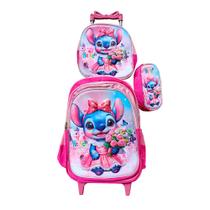 Kit Mochila com Rodinhas Infantil do Stitch em 3D + Lancheira Térmica + Estojo Escolar