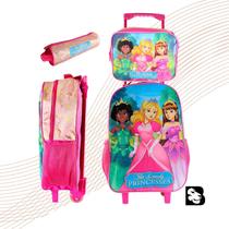 Kit Mochila Com Rodinhas Infantil Escolar com Lancheira e Estojo 3 peças Estampa Princesas Aranha Carrinho Kit Mochila Com Rodinhas Infantil Escolar com Lancheira e Estojo 3 peças Estampa Princesas Aranha Carrinho