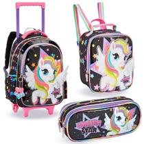 Kit Mochila com Rodinhas, Lancheira e Estojo Escolar, Unicornio, Meninas