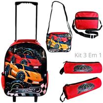 Kit Mochila Com Rodinhas Lancheira e Estojo Infantil Escolar Carrinho Speed Up Vermelha