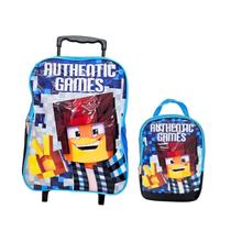 Kit Mochila com Rodinhas + Lancheira Térmica Authentic Games Mine Craft