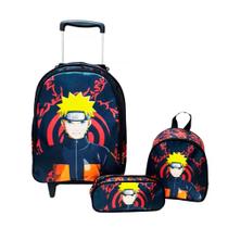 Kit Mochila com Rodinhas Naruto + Lancheira Térmica + Estojo Escolar