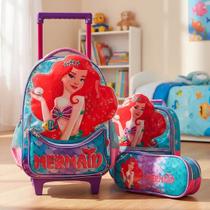 Kit Mochila com Rodinhas Sereia Mermaid Mochila Lancheira Estojo