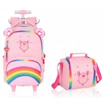 Kit Mochila com Rodinhas Ursinhos Carinhosos Rosa + Lancheira Ursinhos Carinhosos Rosa Luxcel