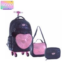 Kit Mochila Coração Glitter Rodinha 360 Feminina Escolar Candy Collor Com Chaveiro Lancheira Térmic