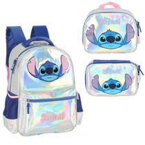 Kit Mochila Costa Holográfica Stitch C/ Estojo Box Lancheira