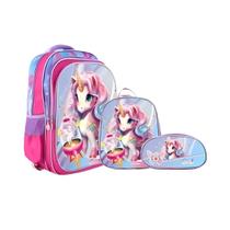 Kit Mochila Costas 3D Lancheira Estojo Unicórnio Escolar