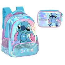 Kit Mochila Costas e Estojo Stitch 3D em Alto Relevo AZUL