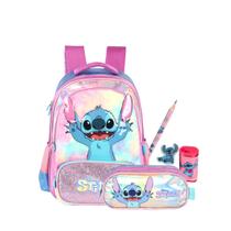 Kit Mochila Costas E Estojo Triplo Stitch Kids Holográfico